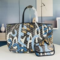 Goyard Saint Louis Reversible Tote In Letters Camouflage Goyardine Canvas Black/Blue